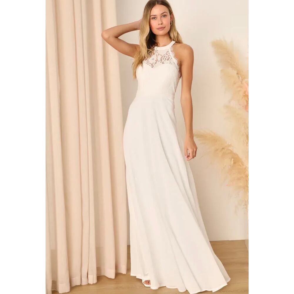 Lulus Dance All Evening White Lace Maxi Dress Halter Neckline Sleeveless Medium